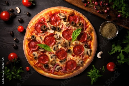 Italian pizza with salami, mushrooms, mozzarella cheese and tomatoes on black background, Tasty pepperoni pizza with mushrooms and olives with copy space, AI Generated
