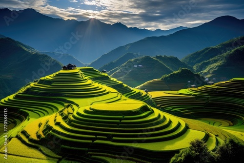 A scenic view of a lush green field with a majestic mountain in the distance under a clear blue sky  Terraced rice field in the harvest season in Mu Cang  AI Generated