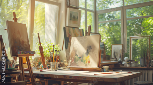 An artist's studio filled with paints, brushes, and canvases, enveloped in inspiration. Large windows allow in light, creating the perfect atmosphere for creativity and self-expression