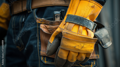 Worker with hammer and chisel wearing safety gloves