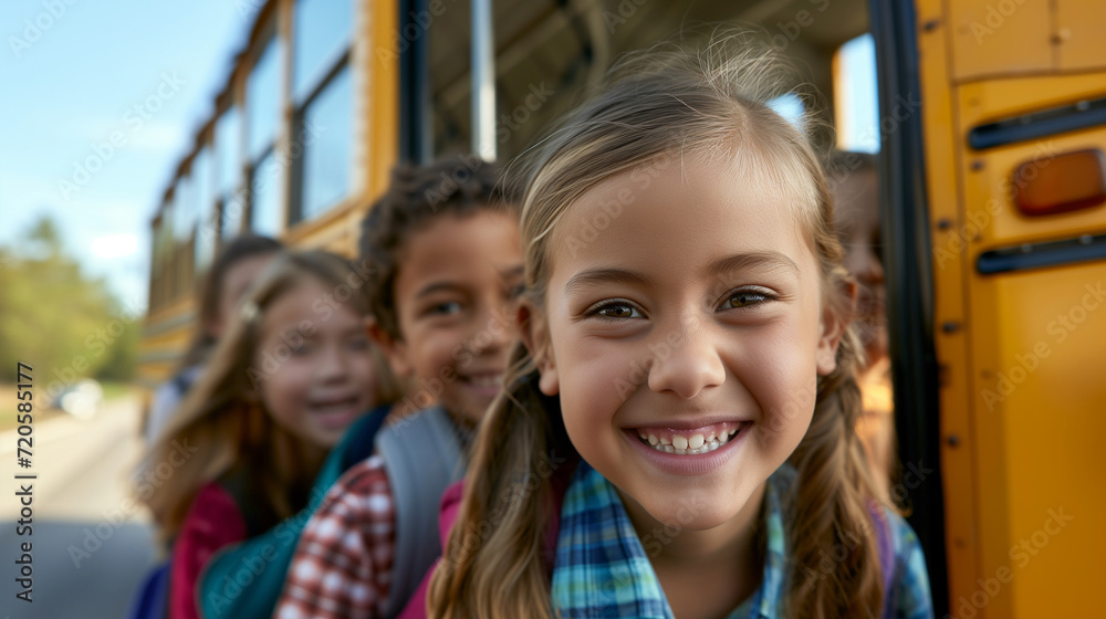 Children with smiles peek out of the school bus, ready for new educational adventures Children with smiles peek out of the school bus, ready for new educational adventures