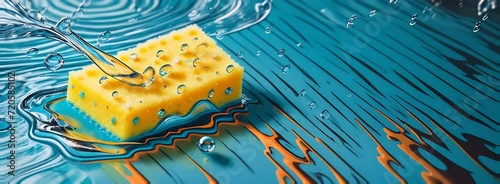 a sponge on a blue surface with water droplets photo