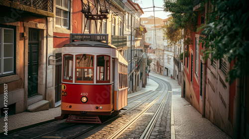 A historic cable train ascending a steep hill in a quaint old town. photo