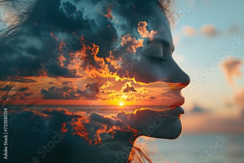 Double exposure silhouette of a woman's face with a cloudy sunset sky on the beach. Mood disorder concept, human and natural problems #720585154