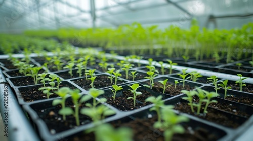 Shot of a greenhouse with trays of sprouting vegetables