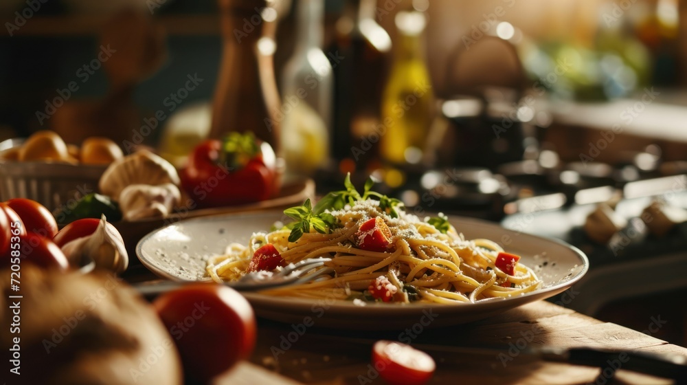 Spaghetti Carbonara against a charming Italian kitchen
