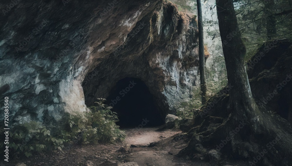 森の奥深くにある不気味な洞窟の入り口_01