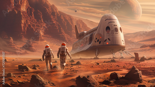 A group of human colonizers is shown disembarking from a spacecraft and setting foot on the barren surface of Mars photo