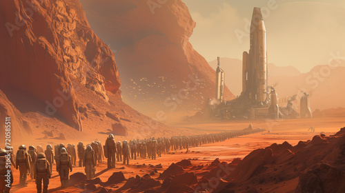 A group of human colonizers is shown disembarking from a spacecraft and setting foot on the barren surface of Mars photo
