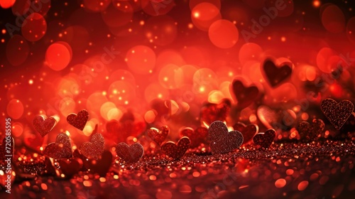 Radiant Red Background Illuminated by Glittering Heart Shapes and Dreamy Bokeh background