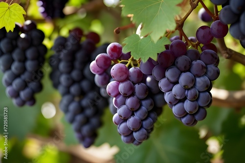A bunch of ripe, purple grapes with green leaves