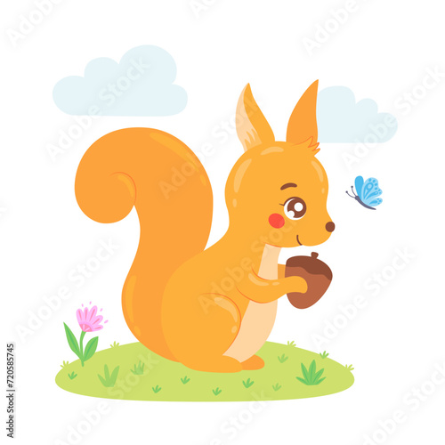 Cute red squirrel holding an acorn in hand drawn cartoon style. Funny animal with nut, clouds, butterfly, flower. Smiling character for nursery clothing, card, poster, print, children's design