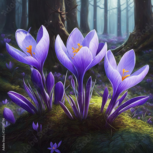 Blooming purple crocuses close-up against a forest background