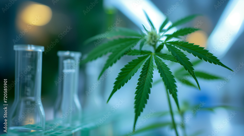 marijuana leaf with blurred laboratory equipment in the background, symbolizing the connection between the plant and scientific research marijuana leaf with blurred laboratory equipment in the background, symbolizing the connection between the plant and scientific research