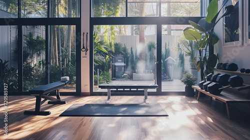 A home workout space with minimalistic design natural light and modern fitness equipment.