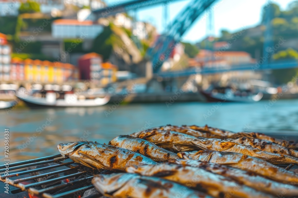 Portuguese Feast: Experience the Festive Atmosphere of a Sardine Festival with Grilled Sardines, Fresh Salad, and Olive Oil, Set Against the Picturesque Backdrop of Porto, Douro River, and Bridges.
