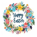 A lively Easter frame with flowers, decorated eggs, and playful birds, surrounding a 'Happy Easter' note, suitable for holiday advertising campaigns