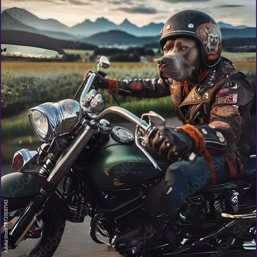Perro pitbull manejando moto con casco vintage