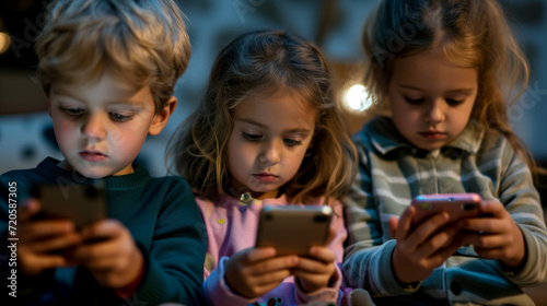 Group of children is captured in nature, but instead of enjoying the surroundings, they are glued to their smartphones, engrossed in digital media