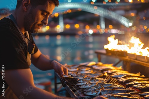 Sardinhas assadas na brasa com pimentos, salada, azeite, pão. Essência da gastronomia portuguesa e festas populares, São João, Santo António, São Pedro, Pontes do Porto de fundo, Portugal