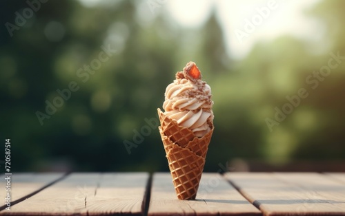 Close-up of an appetizing ice cream dessert on a wooden table with a blurred scene