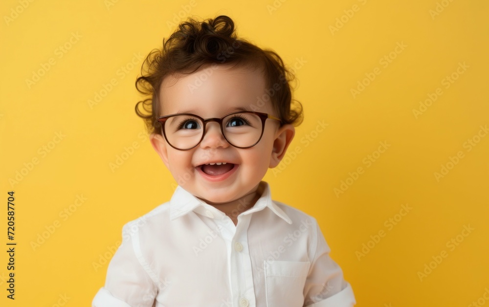 Smiling child in glasses exuding joy and warmth on a bright yellow background