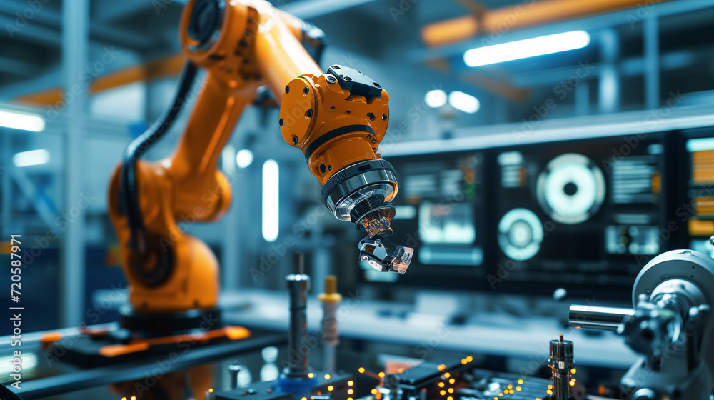 Automation, cloud technologies, and artificial intelligence converge in modern manufacturing. Efficiency and innovation unite in the pursuit of progress. Industry 4.0 concept - obrazy, fototapety, plakaty 