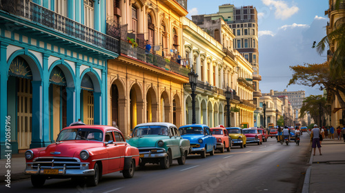 A lively street scene in Havana Cuba with colorful vintage cars and colonial architecture.