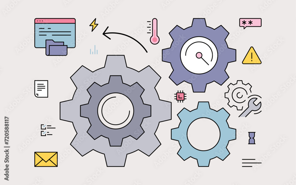 Factory mechanism and gear wheels with machine work technology concept vector illustration. Factory mechanism and gear wheels with machine work technology concept vector illustration.
