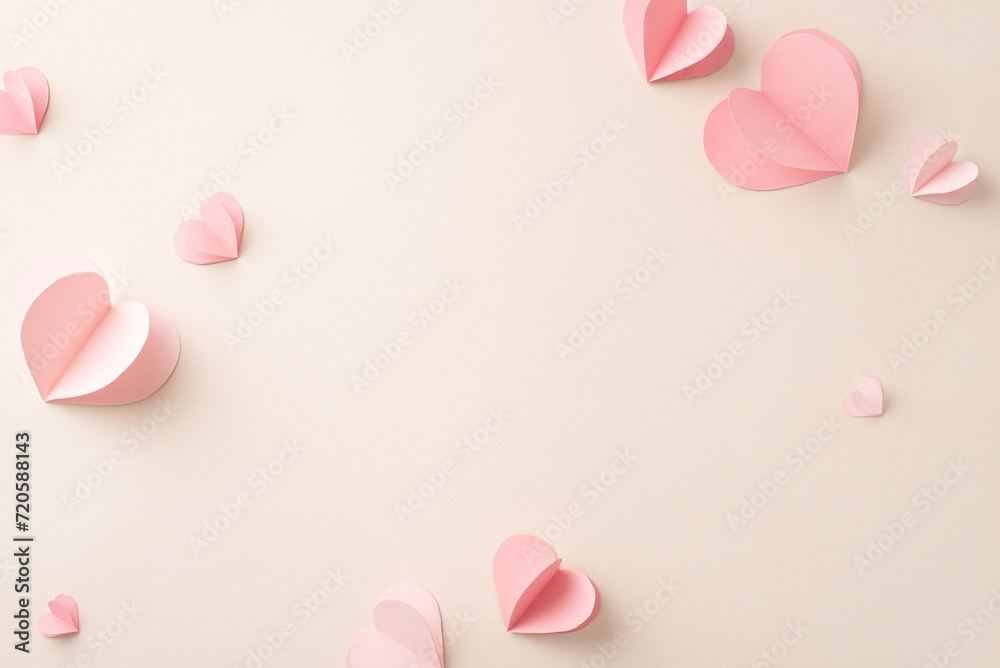 Express your love on Women's Day! Capture her heart with this top view image of sweet hearts on a pastel beige background. Customizable space for your special text or promotion