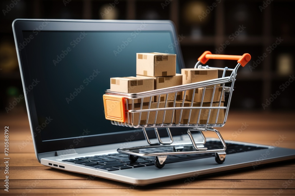 Shopping cart with boxes on a laptop background. 3d rendering, Shopping cart with boxes on a laptop screen, illustrating the concept of online shopping, AI Generated