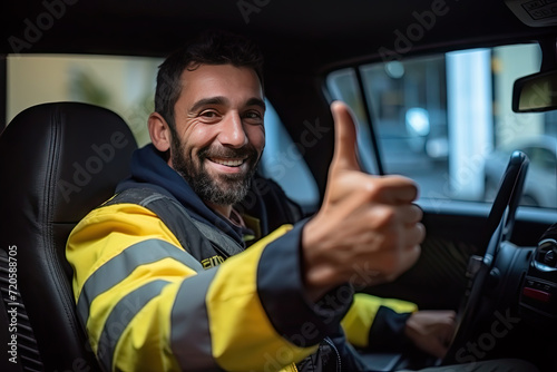 Friendly Delivery Man Giving Thumbs Up from His Vehicle