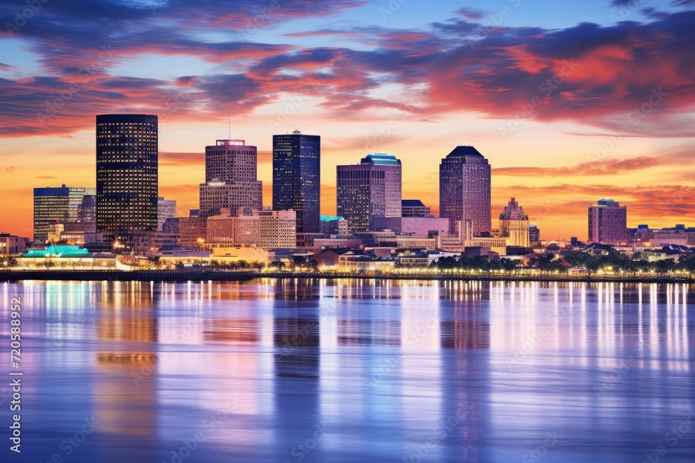 Fototapeta premium Boston skyline over river at sunset, Massachusetts, United States of America, Skyline of New Orleans with the Mississippi River at Dusk, AI Generated