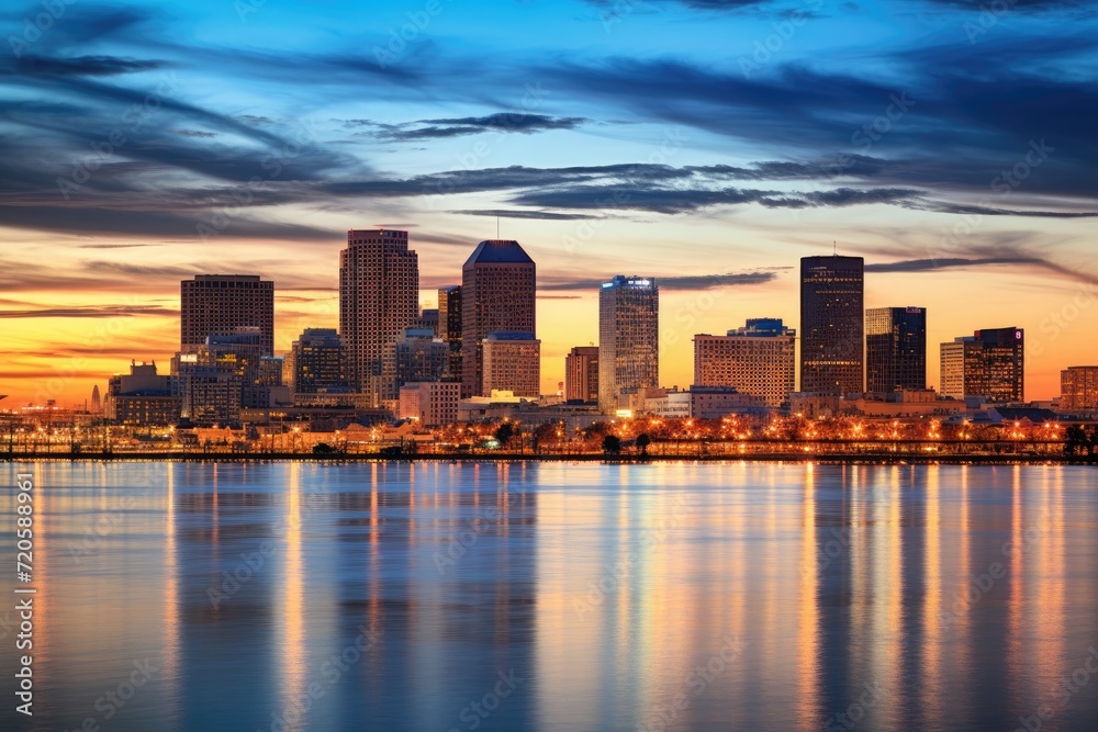 Fototapeta premium Boston skyline at sunset with reflection in the water, Massachusetts, USA, Skyline of New Orleans with the Mississippi River at Dusk, AI Generated