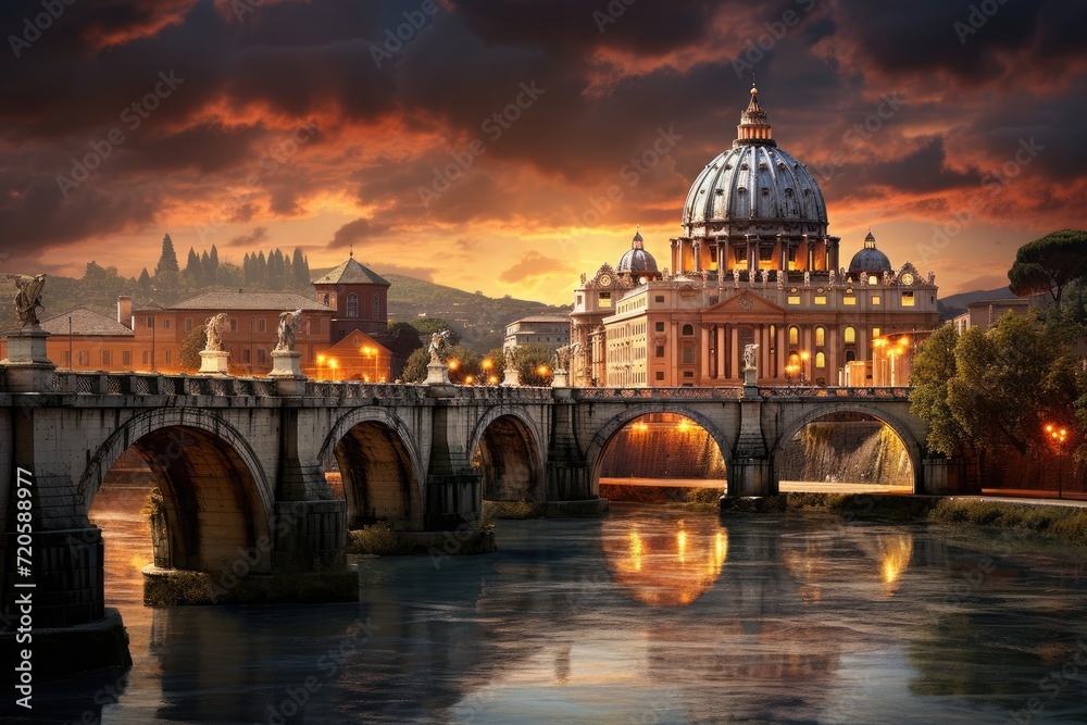 St. Peter's Basilica and St. Peter's Bridge at sunset, Vatican City, Rome, Italy, St, Peter's Cathedral in Rome, Italy, AI Generated
