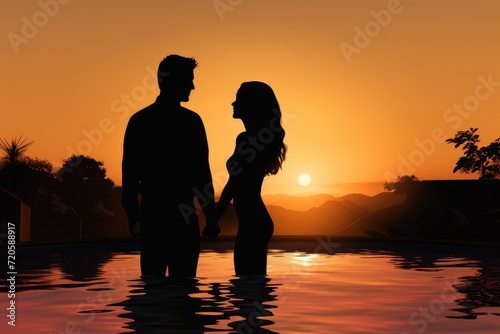 Silhouette of a loving couple standing in the water at sunset  Silhouette of a man and woman standing in the swimming pool at a beautiful sunset  AI Generated
