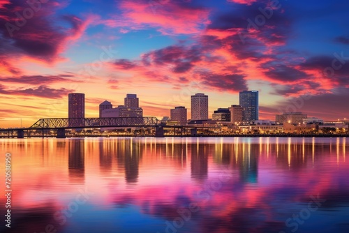 Boston Skyline at Dusk, Massachusetts, United States of America, Skyline of New Orleans with the Mississippi River at Dusk, AI Generated