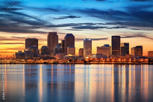 Boston skyline at sunset with reflection in the water, Massachusetts, USA, Skyline of New Orleans with the Mississippi River at Dusk, AI Generated © Ifti Digital