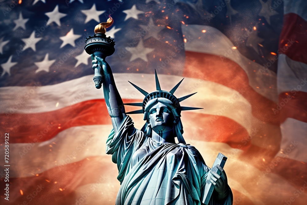 Fototapeta premium Statue of liberty with USA flag background. 3D Rendering, Statue of Liberty with the USA flag and fireworks, celebrating American Independence Day, AI Generated