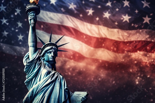 Statue of liberty with USA flag background. 3D Rendering, Statue of Liberty with the USA flag and fireworks, celebrating American Independence Day, AI Generated