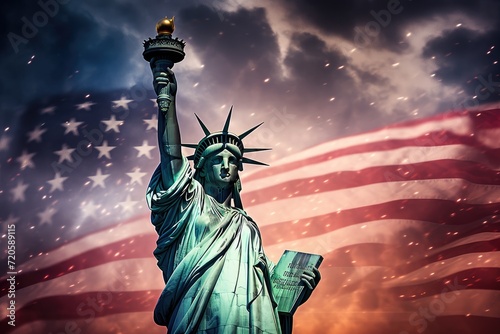 Statue of Liberty with USA flag in the background. 3D illustration, Statue of Liberty with the USA flag and fireworks, celebrating American Independence Day, AI Generated