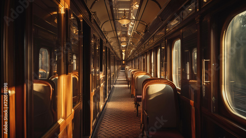 A luxurious Orient Express-style train in a historical setting.