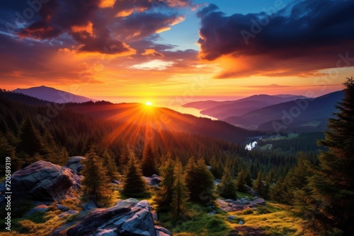 Fantastic sunset in the mountains. Dramatic scene. Carpathian, Ukraine, Europe. Beauty world, Sunset in the Carpathian Mountains in Ukraine, Europe, AI Generated © Ifti Digital