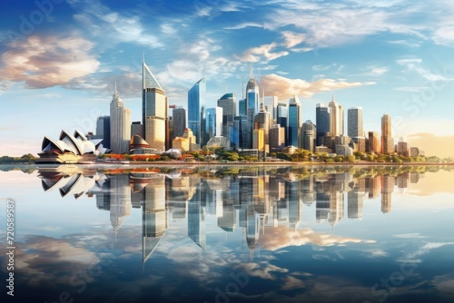 Sydney city skyline at sunset, Australia. Digital painting, Sydney City panoramic view, Australia, July, Skyscrapers reflected in the water, AI Generated