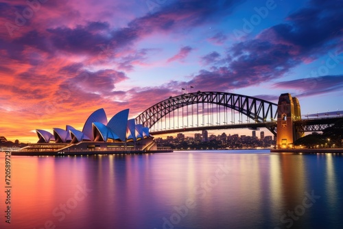 Sydney Opera House and Sydney Harbour Bridge at sunset, Australia, Sydney Opera House and the Sydney Harbour Bridge during twilight, Australia, AI Generated