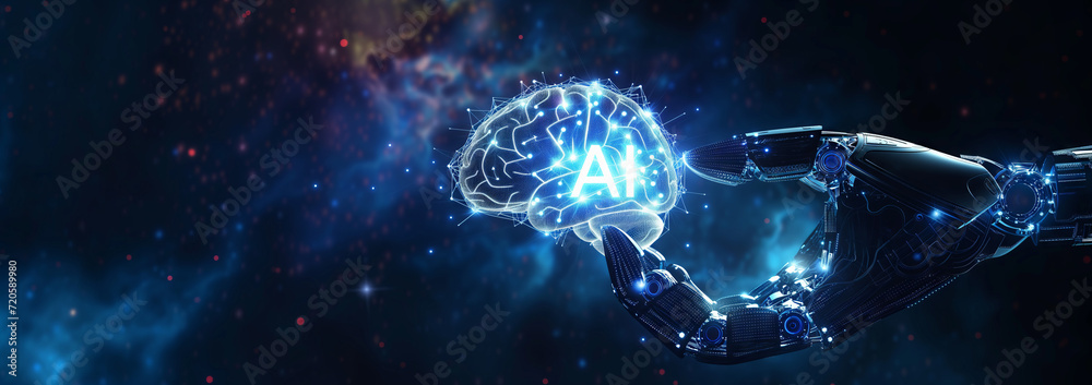 AI Brain Concept. Robotic hand cradling a luminescent brain, symbolizing AI intelligence. AI Brain Concept. Robotic hand cradling a luminescent brain, symbolizing AI intelligence.