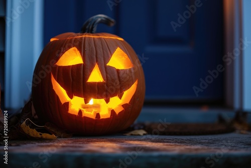 carved and illuminated jack-o-lantern on a doorstep House with halloween orange pumpkin decoration, jack o lanterns with spooky faces on porch