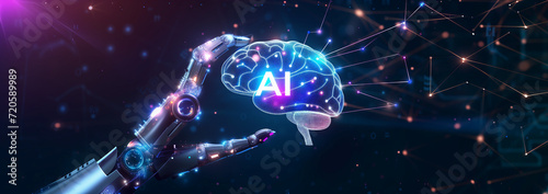 AI Brain Concept with Robotic Hand Interaction. A robotic hand interacts with a vibrant AI brain hologram against a backdrop of dynamic light particles.