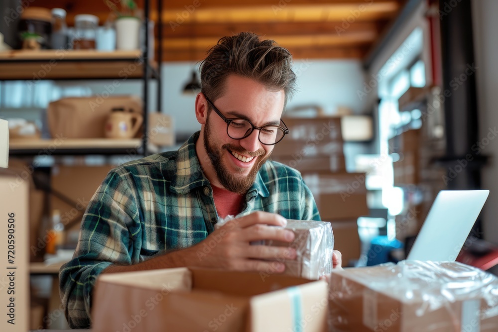 Joyful expression of a young entrepreneur packing a sold item Joyful expression of a young entrepreneur packing a sold item