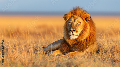 A majestic African lion lounging in the savannah with a golden mane and piercing gaze.